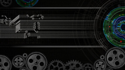 Obraz premium banner of old technology and new using computer circuits and old machine cogs
