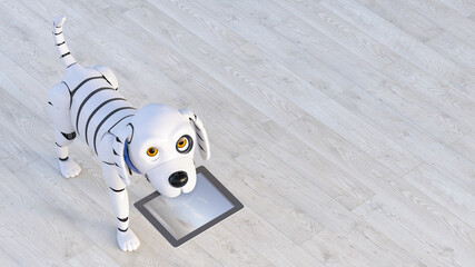 Portrait of robot dog holding tablet in his snout, 3d rendering
