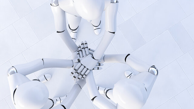 Rendering of three robots stacking hands
