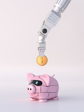Rendering of robot hand feeding piggy bank with coin