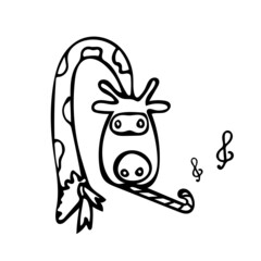 The giraffe plays the music on the trumpet. Vector illustration of a portrait with a neck. Festive childrens illustration for postcards, posters.