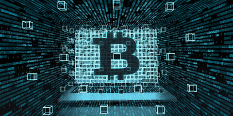 3d illustration of the bitcoin currency and blockchain technology