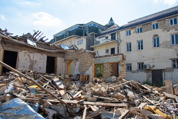 Ruined houses in Ganja city of Azerbaijan after the Armenian ballistic missile attack in October 2020. War results