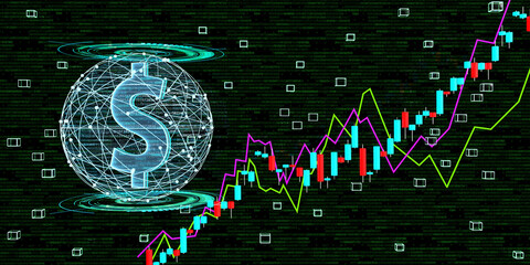 Growth of the dollar exchange rate through digitization, 3D Illustration