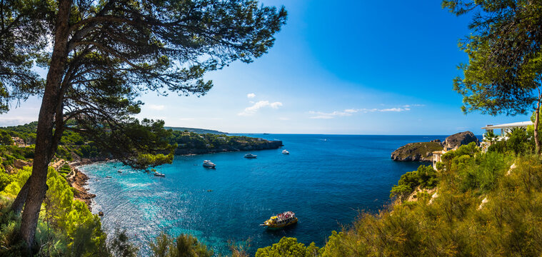 Spain, Balearic Islands, Mallorca, Isla Malgrats, Panoramic view of bay
