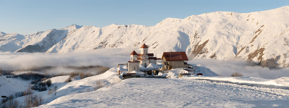 Georgia, Caucasus, Gudauri, remote building complex in winter