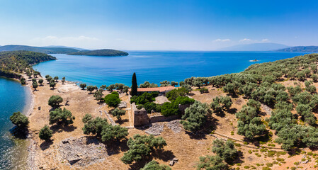 Greece, Aegean Sea, Pagasetic Gulf, View from Bay of Milina to Alatas Island, Holy Forty Monastery