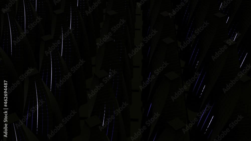 Poster dark pattern with many long 3d objects covered by neon moving lines. design. rows of cone figures wi