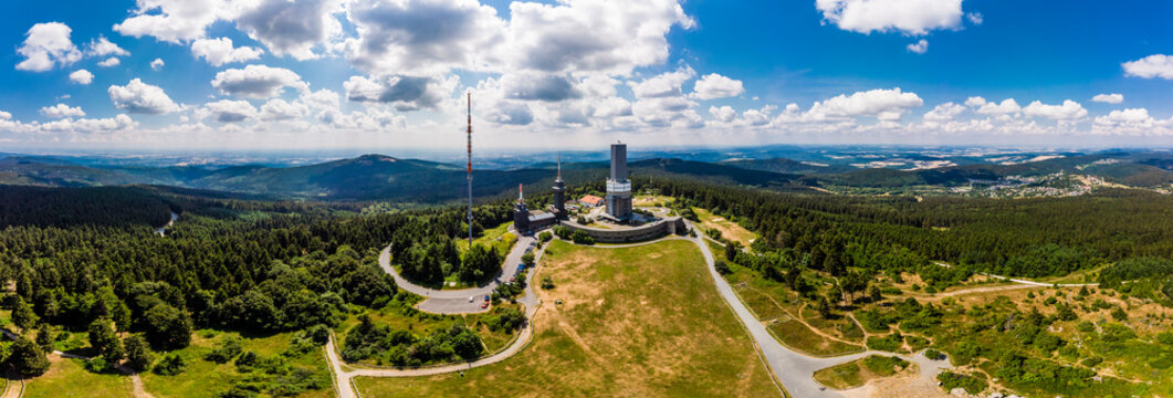 Germany, Hesse, Schmitten, Aerial view of Grosser Feldberg, aerial mast of hr and viewing tower, Oberreifenberg in the background