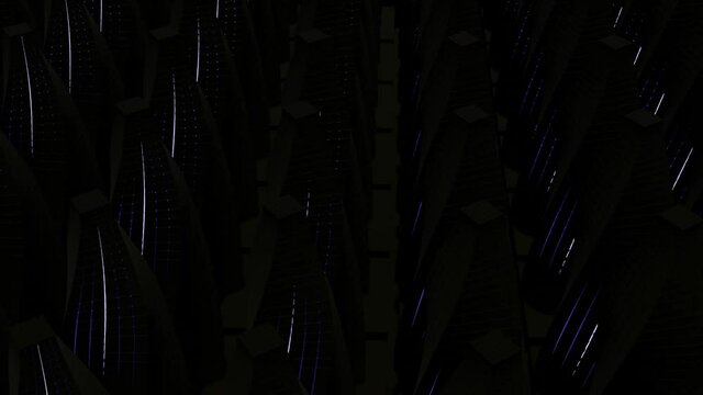 Dark pattern with many long 3D objects covered by neon moving lines. Design. Rows of cone figures with flat cut tops spinning on a black background.