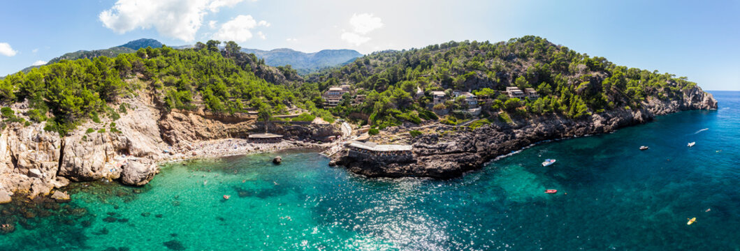 Spain, Balearic Islands, Mallorca, Cala Deia, Aerail view of bay