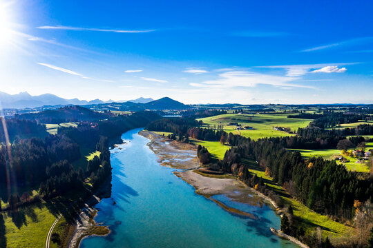 Germany, Bavaria, East Allgaeu, Fuessen, Prem, Aerial view of Lech reservoir