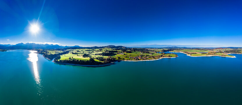 Germany, Bavaria, East Allgaeu, Fuessen, Schwangau, Dietringen, Aerial view of Lake Forggensee