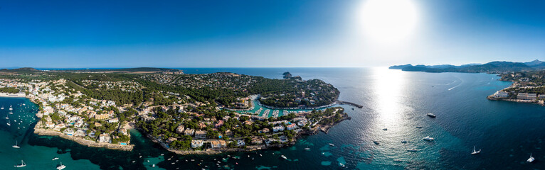 Spain, Baleares, Mallorca, Calvia region, Aerial view of Santa ponca, marina, Serra de Tramuntana in the background
