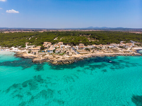 Spain, Balearic Islands, Mallorca, Sa Rapita, Ses Covetes, Aerial view of Playa es Trenc