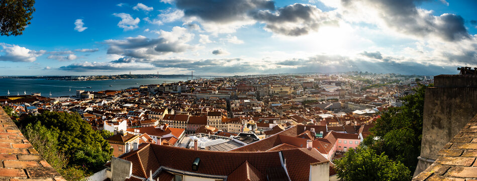 Panoramic view over the city with Ponte 25 de Abril Tejo River from Miradouro da Nossa Senhora do Monte, Lisbon, Portugal