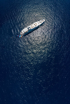 Spain, Majorca, Costa de la Calma, view to a luxury yacht, aerial view