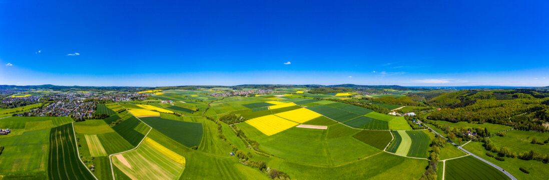 Aerial view of rape fields and cornfields near Usingen and Schwalbach, Hesse, Germany