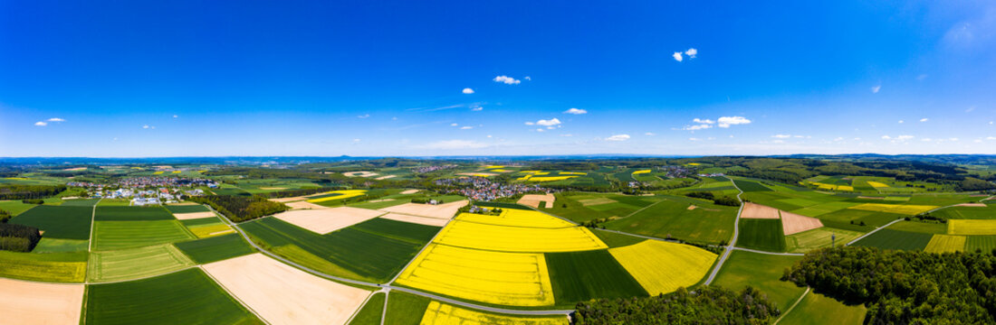 Aerial view of rape fields and cornfields near Usingen and Schwalbach, Hesse, Germany