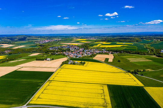 Aerial view of rape fields and cornfields near Usingen and Schwalbach, Hesse, Germany