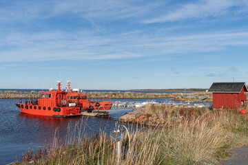 Marjaniemi, hailuoto island, Finland September 26, 2021 Red rescue ship at the dock. Scandinavian...