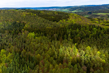 Germany, Hesse, Aerial view of green lush mixed forest in Odenwald mountains