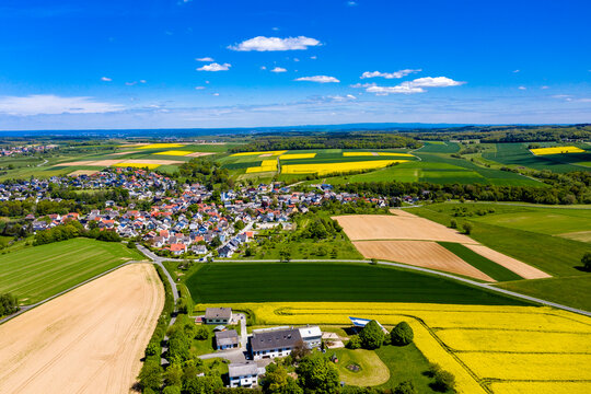 Aerial view of rape fields and cornfields near Usingen and Schwalbach, Hesse, Germany