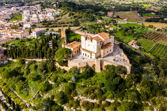 Aerial view of pigrimage church Santuari de Sant Salvador, Arta, Majorca, Spain
