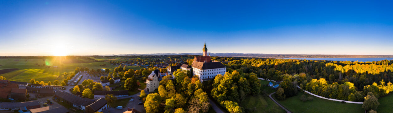 Germany, Bavaria, Upper Bavaria, Pfaffenwinkel, Ammersee, Andechs Abbey at sunrise