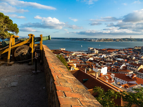 View over the city with Tejo River from Miradouro da Nossa Senhora do Monte, Lisbon, Portugal