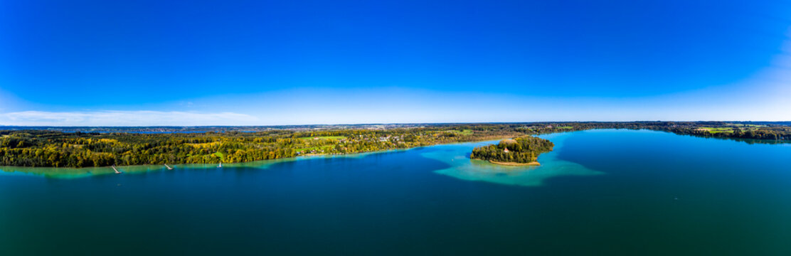 Germany, Bavaria, Bachern, Stranberg district, Aerial view of Worth lake with the Worth island (also called Mausinsel)