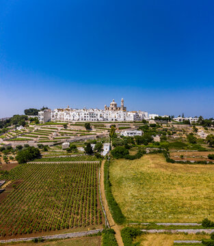 Italy, Locorotondo, Aerial view of clear blue sky over vineyards in front of town