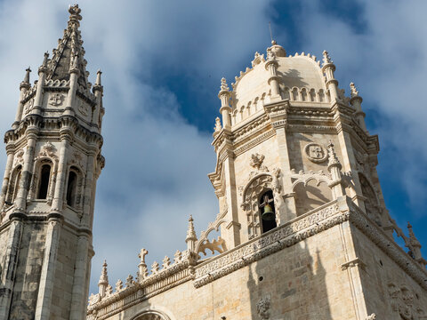 Portugal, Lisbon, Belem, Low angle of towers of Hieronymite Monastery, Mosteiro dos Jeronimos