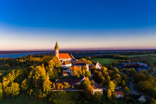 Germany, Bavaria, Upper Bavaria, Pfaffenwinkel, Ammersee, Andechs Abbey at sunrise