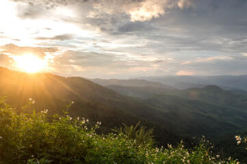Beautiful landscape of nature on the high mountains during sunset tropical forest
