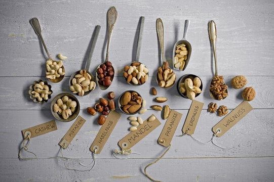 Peanuts, hazelnuts, cashew nuts, brazil nuts, pistachios and almonds