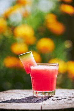 Close-up of fresh watermelon cocktail in glass on tree stump in garden