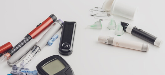 Medicine, diabetes, glycemia, healthcare and people concept. Insulin and blood sugar meter, diabetes kit . World Diabetes day, 14 November