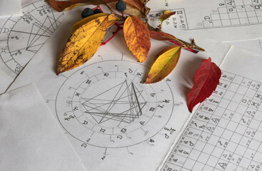 Printed astrology charts with yelow and autumn leaves