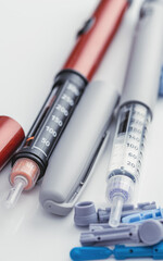 Medicine, diabetes, glycemia, healthcare and people concept. Insulin and blood sugar meter, diabetes kit . World Diabetes day, 14 November