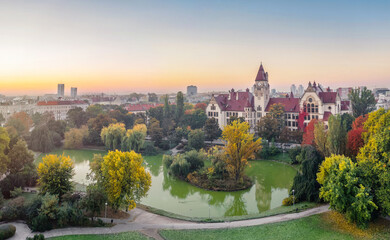 Fototapeta premium Wroclaw, Poland. Aerial view of Park Stanislawa Tolpy on autumn sunrise