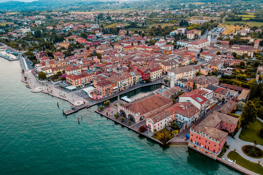 Italy, Veneto, Lazise at Lake Garda, drone view
