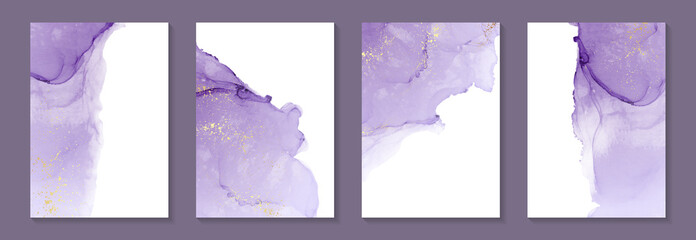 Modern watercolor background or elegant card design for birthday invite or wedding or menu with abstract purple ink waves and golden splashes on a white.