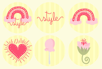 seis modelos de círculos infantiles con diseños de arcoíris, paletas, flores, corazones, romántico e infantil para eventos o cumpleaños