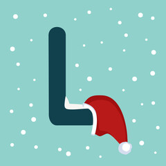 Letter L with snow and red Santa Claus hat. Festive font for Christmas and New Year