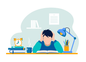 Student, pupil in the learning process, abstract flat vector illustration. The child sits at the table and studies, does homework with open books.