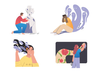 Mental health restoring. Young men and women solve their psychological problems. Emotional instability and fears. Treatment and recovery. Cartoon flat vector collection isolated on white background