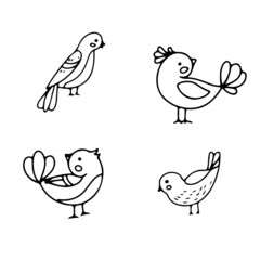 Cute birds in doodle style. Simple decor for a festive Christmas and New Years. Vector illustration isolated on white background.