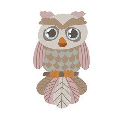 Brown owl in boho style. Animal in cartoon style in pastel colors.Winter vector illustration isolated on white background.