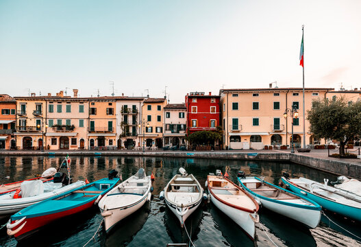 Italy, Veneto, Boats at Lazise harbour